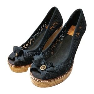 Tory Burch Black Lace‎ Jackie Espadrille Wedge Sandal Sz 8.5 Coquette